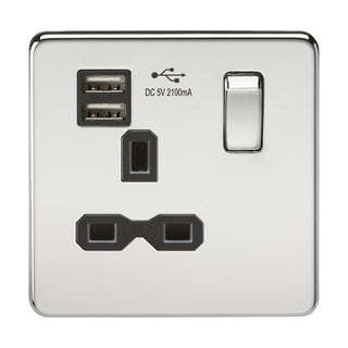 Knightsbridge Screwless 13A 1G switched socket with dual USB charger (2.4A) - polished chrome with black insert - SFR9124PC