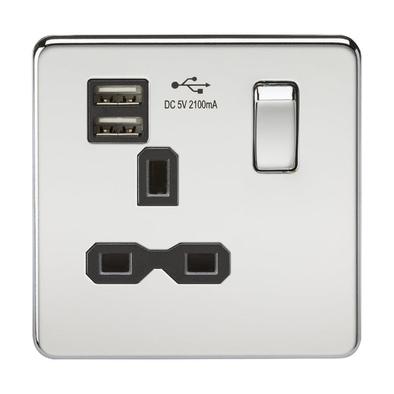 Knightsbridge Screwless 13A 1G switched socket with dual USB charger (2.4A) - polished chrome with black insert - SFR9124PC, Image 1 of 1