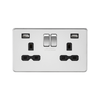 Knightsbridge 13A 2G switched socket with dual USB charger A + A (2.4A) - Polished chrome with black insert - SFR9224PC