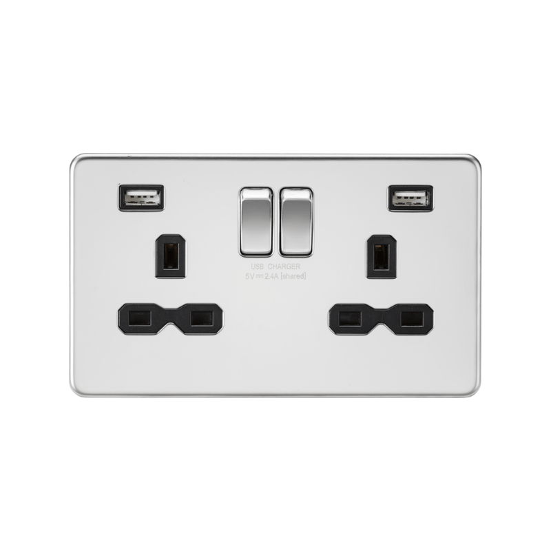 Knightsbridge 13A 2G switched socket with dual USB charger A + A (2.4A) - Polished chrome with black insert - SFR9224PC, Image 1 of 1