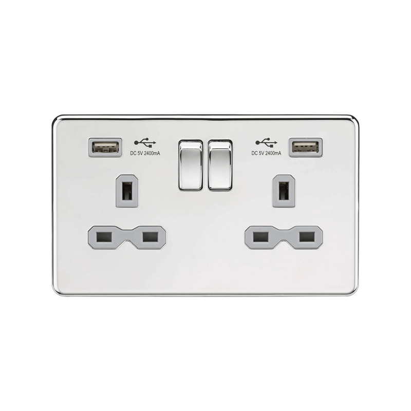 Knightsbridge 13A 2G switched socket with dual USB charger A + A (2.4A) - Polished chrome with grey insert - SFR9224PCG, Image 1 of 1