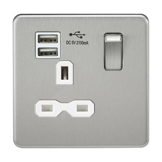 Knightsbridge Screwless 13A 1G switched socket with dual USB charger (2.1A) - brushed chrome with white insert - SFR9901BCW