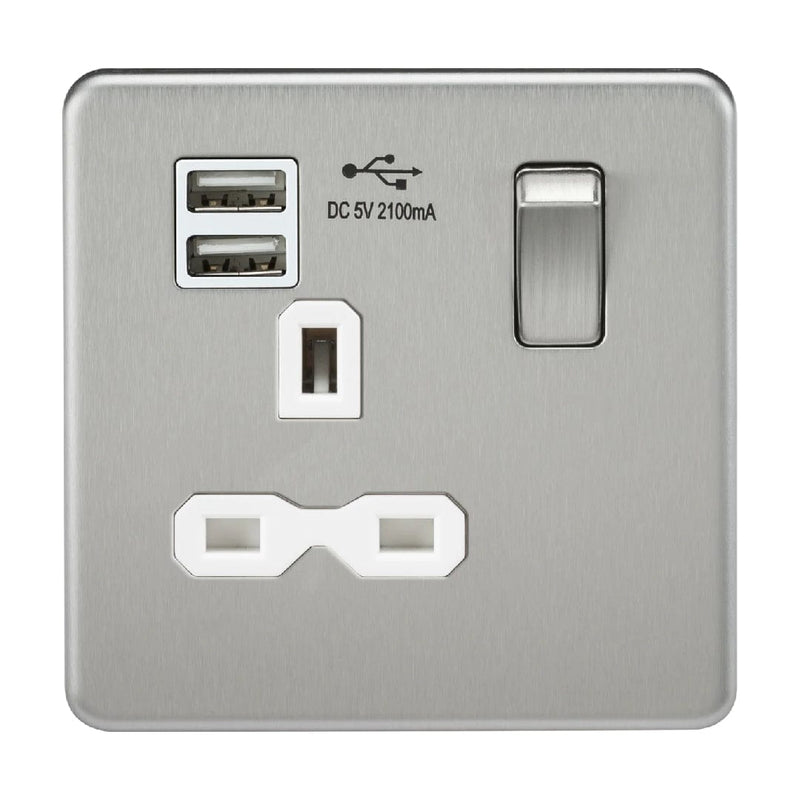 Knightsbridge Screwless 13A 1G switched socket with dual USB charger (2.1A) - brushed chrome with white insert - SFR9901BCW, Image 1 of 1
