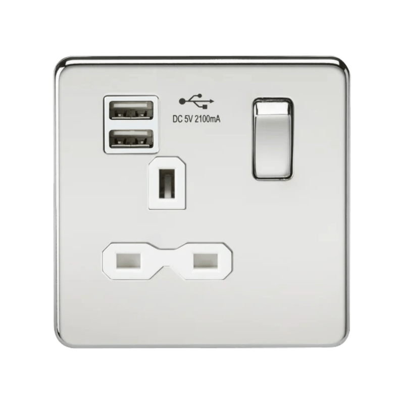 Knightsbridge Screwless 13A 1G switched socket with dual USB charger (2.1A) - polished chrome with white insert - SFR9901PCW, Image 1 of 1