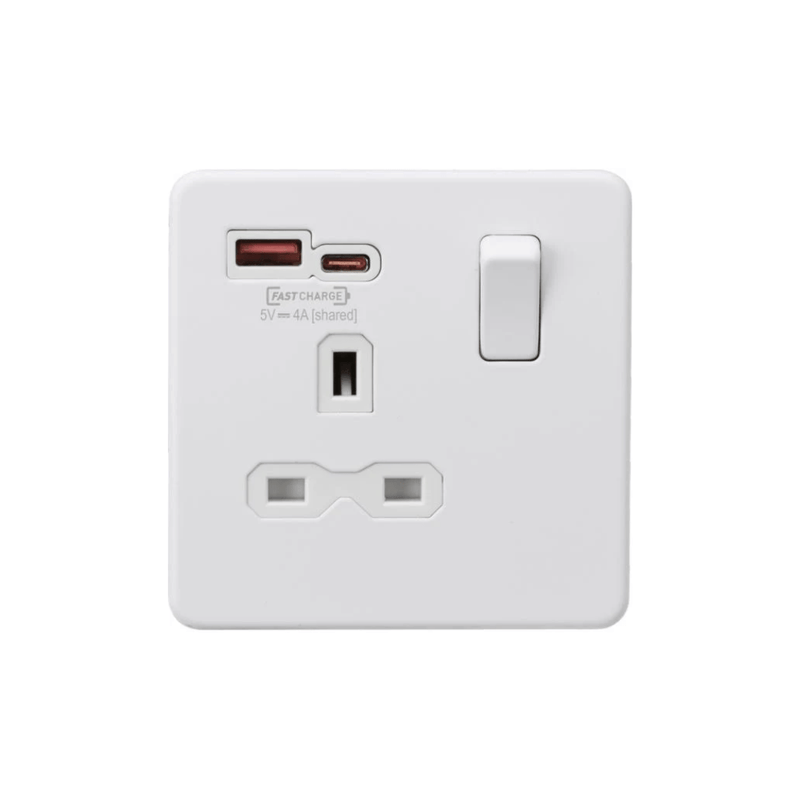 Knightsbridge 13A 1G Switched Socket with dual USB [FASTCHARGE] A+C - Matt White - SFR9919MW, Image 1 of 1