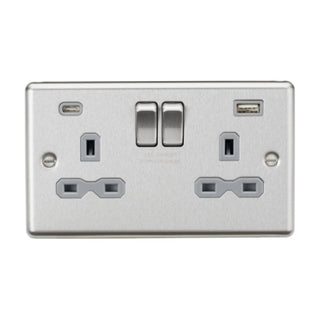Knightsbridge 13A 2G SP Switched Socket with Dual USB A+C (5V DC 4.0A shared) - Brushed Chrome with Grey Insert - SFR9940BCG