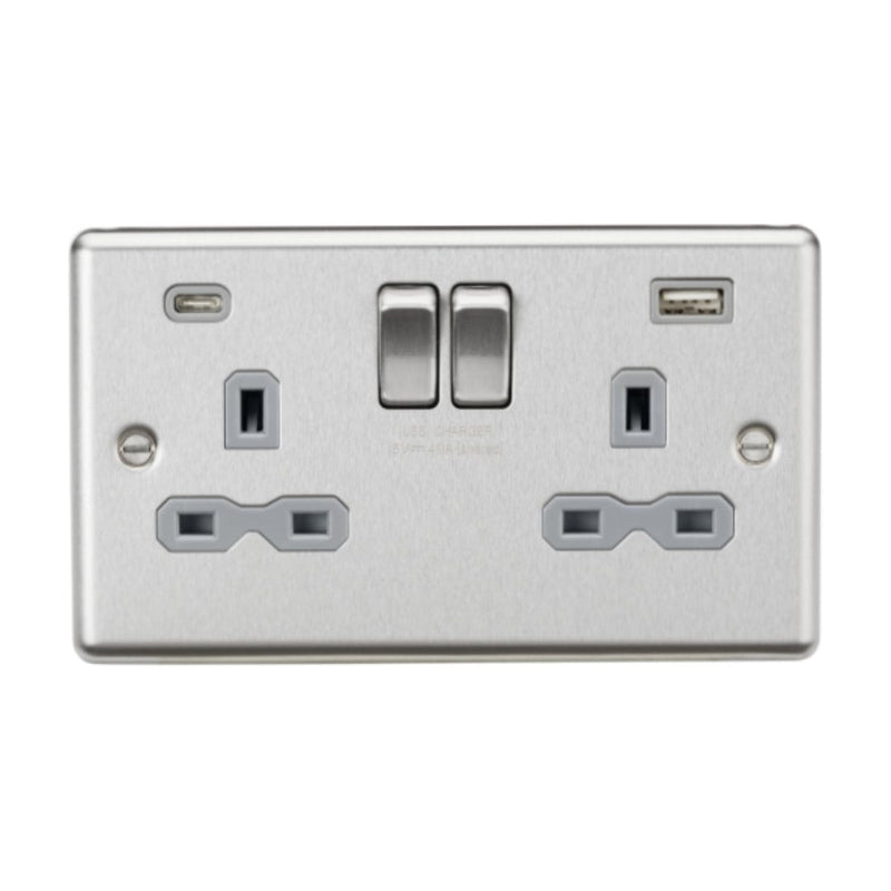 Knightsbridge 13A 2G SP Switched Socket with Dual USB A+C (5V DC 4.0A shared) - Brushed Chrome with Grey Insert - SFR9940BCG, Image 1 of 1