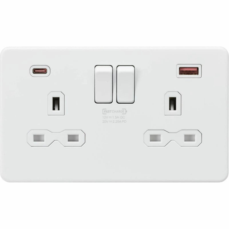 Knightsbridge 13A 2G DP Switched Socket with Dual USB A+C [45W FASTCHARGE] - Matt White - SFR9945MW, Image 1 of 1