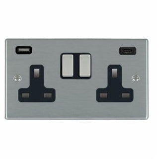 Hamilton Hartland 13A 2 Gang Type A/C USB Socket with 2 x USB - 4.8A - Satin Steel/Black  - 74SS2USBCSS-B