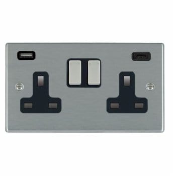 Hamilton Hartland 13A 2 Gang Type A/C USB Socket with 2 x USB - 4.8A - Satin Steel/Black  - 74SS2USBCSS-B, Image 1 of 1