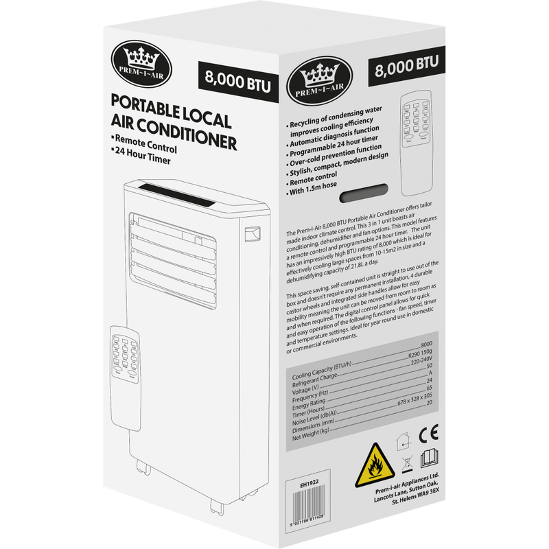 Prem-I-Air 8000 BTU Portable Air Conditioner With Remote Control - White - EH1922 - Return Unit, Image 2 of 6