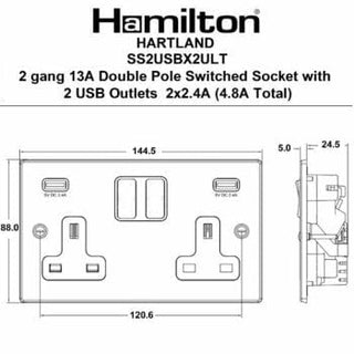 Hamilton Hartland 13A 2 Gang USB Socket with 2 x USB - 4.8A - Satin Chrome with White Inserts  - 76SS2USBULTSC-W