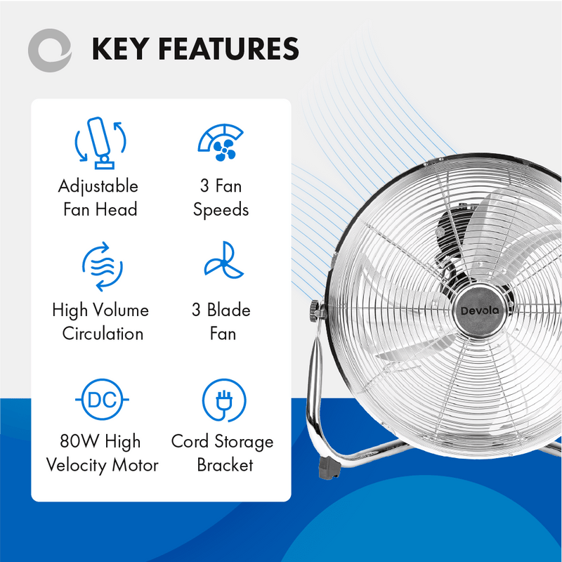 Devola High Power 80W 3 Speed 20-inch DC Floor Fan - Chrome - DV20FFC - Return Unit, Image 3 of 9