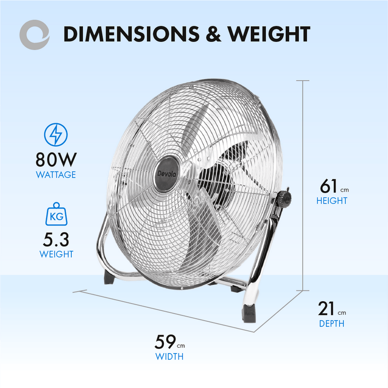 Devola High Power 80W 3 Speed 20-inch DC Floor Fan - Chrome - DV20FFC - Return Unit, Image 4 of 9
