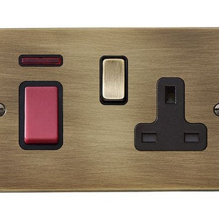 Hamilton Hartland 45A 1 Gang DP Cooker Switch & 13A Switched Socket & Neon - Antique Brass/Black  - 7945SS1AB-B