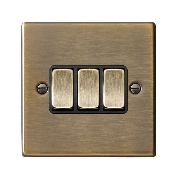 Hamilton Hartland 10A 3 Gang 2 Way Light Switch - Antique Brass with Black Inserts  - 79R23AB-B, Image 1 of 1
