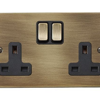 Hamilton Hartland 13A 2 Gang Double Pole Switched Socket - Antique Brass with Black Inserts  - 79SS2AB-B