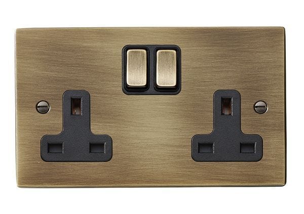 Hamilton Hartland 13A 2 Gang Double Pole Switched Socket - Antique Brass with Black Inserts  - 79SS2AB-B, Image 1 of 1