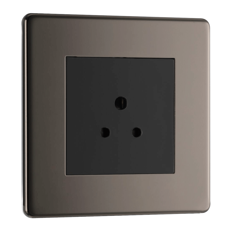 BG Nexus Flatplate Screwless Black Nickel 2A 1 Gang Unswitched Round-Pin Socket - Black Insert FBN28B, Image 1 of 3