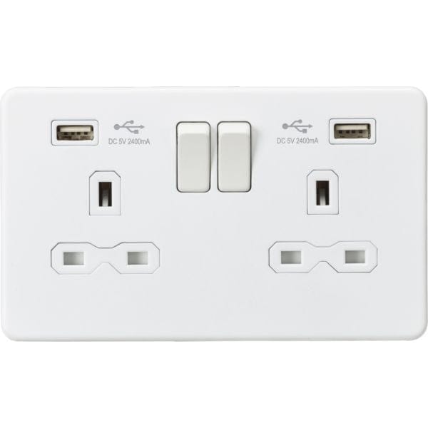 Knightsbridge 13A 2G switched socket with dual USB charger A + A (2.4A) - Matt white - SFR9224MW, Image 1 of 1