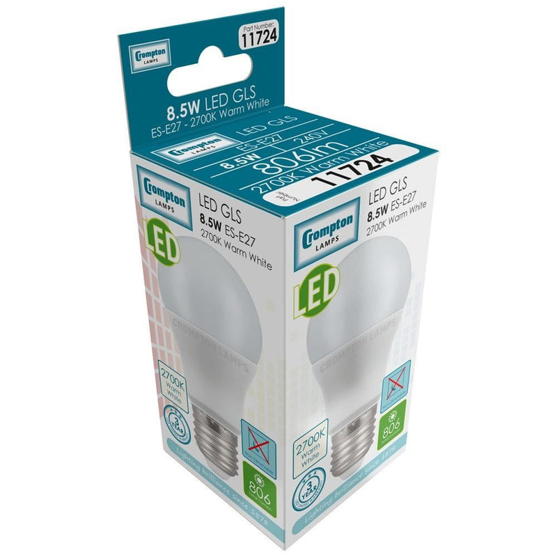 Crompton LED GLS Thermal Plastic 8.5W 2700K  ES-E27 - CROM11724, Image 2 of 2