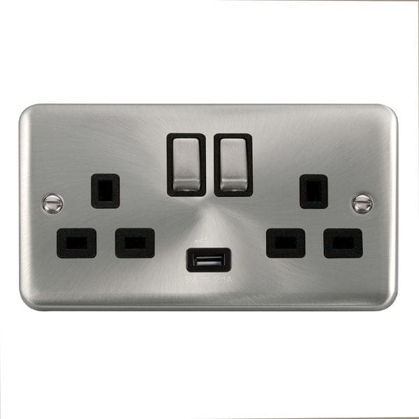Click Scolmore Deco Plus Satin Chrome 2 Gang USB Outlet Switch 13A With Black Ingot - DPSC570BK, Image 1 of 1