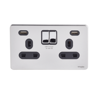 Schneider USFP 2G Switched SO Double Pole 2XUSB 4A Black Insert - Polished Chrome - GGBGU3424DBPC