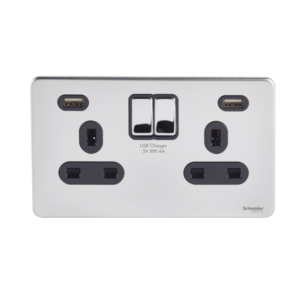 Schneider USFP 2G Switched SO Double Pole 2XUSB 4A Black Insert - Polished Chrome - GGBGU3424DBPC, Image 1 of 1