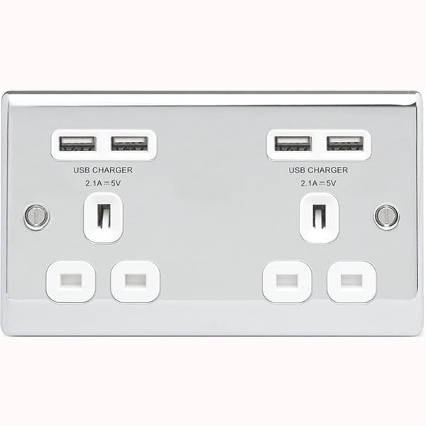 BG Nexus Metal Polished Chrome 2 Gang Plug Socket with 4 x USB Outlets Outlet White Insert 13A - NPC24U44W, Image 1 of 1