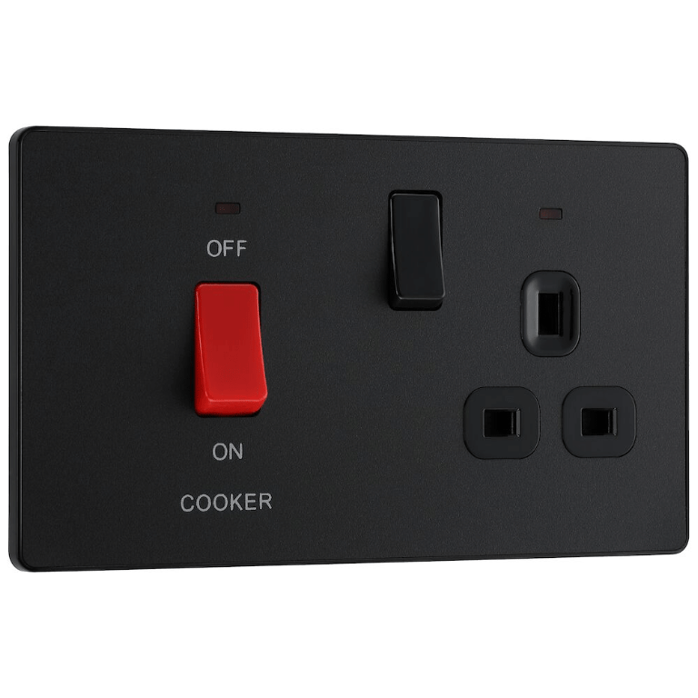 BG Evolve Matt Black 45A 2Pole Cooker Switch With 13A Switched Socket ledbulbs.co.uk