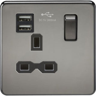 Knightsbridge Screwless 13A 1G switched socket with dual USB charger (2.4A) - black nickel with black insert - SFR9124BN
