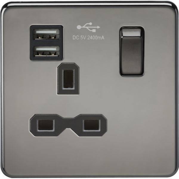 Knightsbridge Screwless 13A 1G switched socket with dual USB charger (2.4A) - black nickel with black insert - SFR9124BN, Image 1 of 1