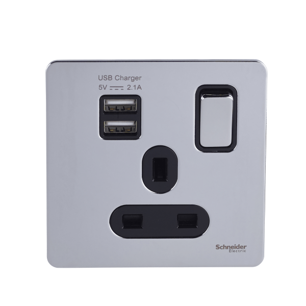Schneider USFP 1G Switched SO SP 2XUSB 2.1 Black Insert - Polished Chrome - GGBGU34102USBABPC, Image 1 of 1