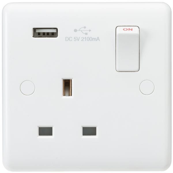 Knightsbridge Curved Edge 13A 1G Switched Socket with USB Charger (5V DC 2.1A) - White - CU9903, Image 1 of 1