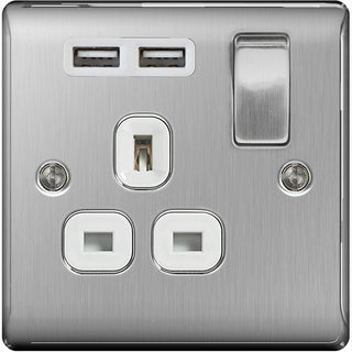 BG Nexus Metal Brushed Steel Single Switched 13A Power Socket With Usb Charging - 2X Usb Sockets (2.1A) - White Insert - NBS21U2