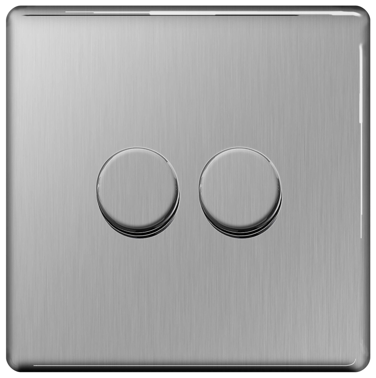BG Screwless Flatplate Brushed Steel 400W Double Dimmer Switch, 2-Way Push On/Off - FBS82P, Image 1 of 1