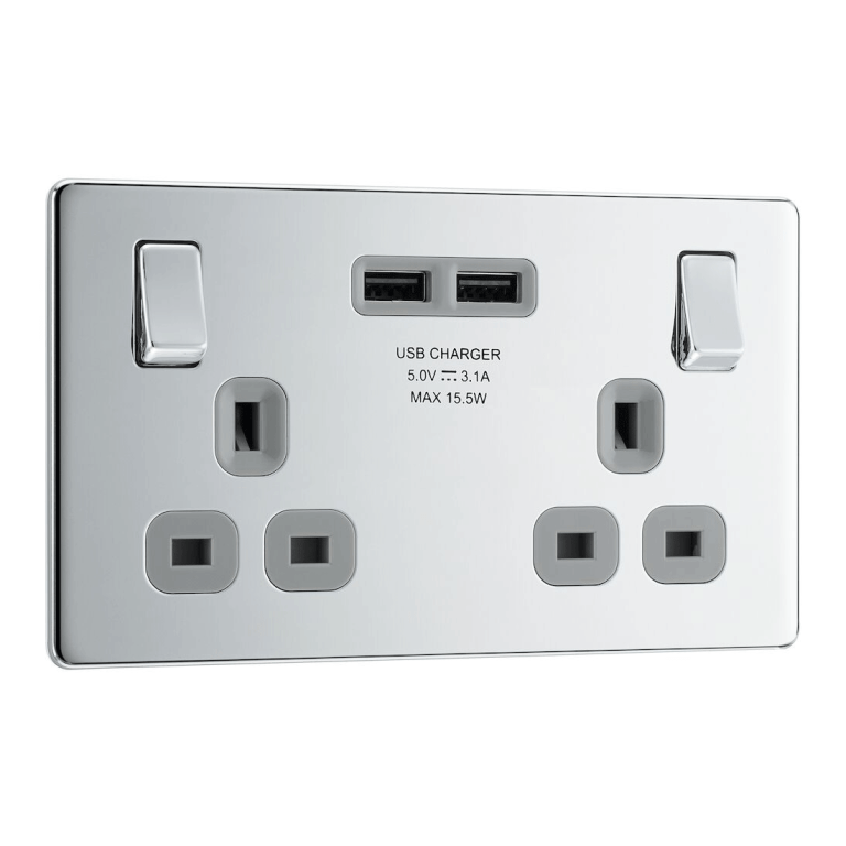 BG Screwless Flatplate Polished Chrome Double Switched 13A Power Socket With Usb Charging - 2X Usb Sockets (3.1A) - Grey Insert, Image 1 of 3