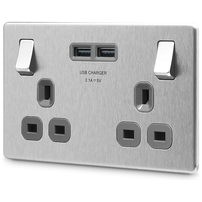 BG Screwless Flatplate Brushed Steel Double Switched 13A Power Socket With Usb Charging - 2X Usb Sockets (3.1A) - Grey Insert -, Image 3 of 6