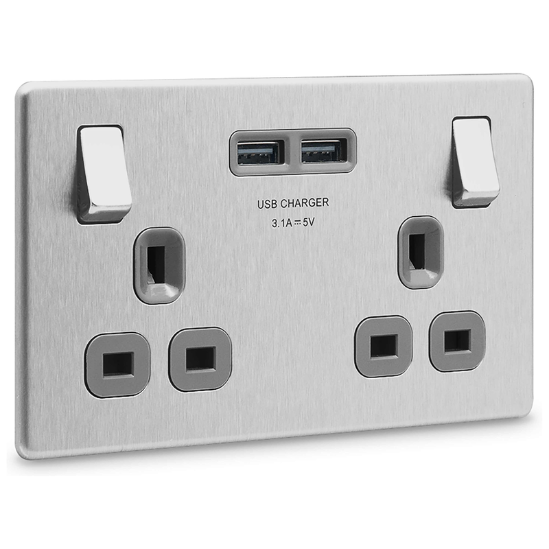 BG Screwless Flatplate Brushed Steel Double Switched 13A Power Socket With Usb Charging - 2X Usb Sockets (3.1A) - Grey Insert -, Image 2 of 6