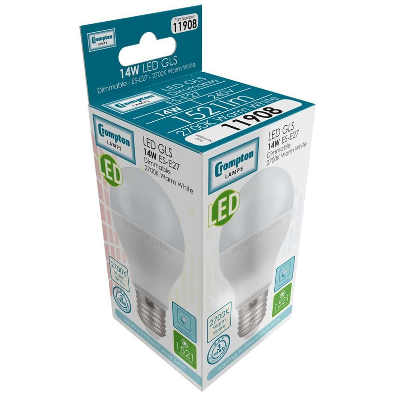 Crompton LED GLS Thermal Plastic 14W Dimmable 2700K  ES-E27 - CROM11908, Image 2 of 2