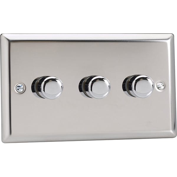 Varilight Classic 3-Gang 2-Way Push-On/Off Rotary LED Dimmer TwinPlate - Mirror Chrome - JCDP303, Image 1 of 1