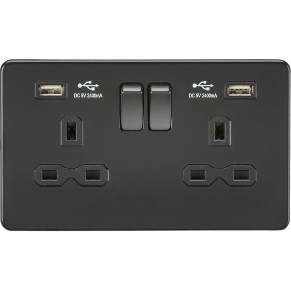 Knightsbridge 13A 2G switched socket with dual USB charger A + A (2.4A) - Matt black - SFR9224MBB, Image 1 of 1