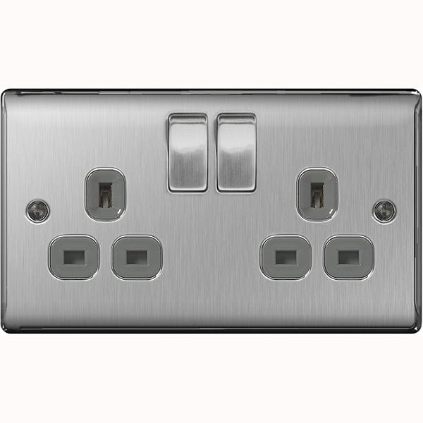 BG Nexus Metal Brushed Steel Double Switched 13A Power Socket - Grey Insert - NBS22G, Image 1 of 2