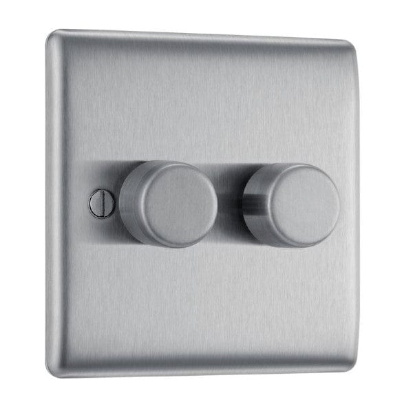 BG Nexus Metal Brushed Steel Double Intelligent Led Dimmer Switch, 2-Way Push On/Off - NBS82, Image 1 of 1
