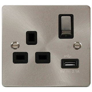 Click Scolmore Define Brushed Steel 1 Gang USB Outlet Switch 13A With Black Ingot Insert - FPBS571BK