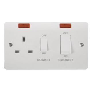 Click Scolmore Mode 45A 2 Gang Cooker Switch & Plug Socket With Neon Polar White - CMA505