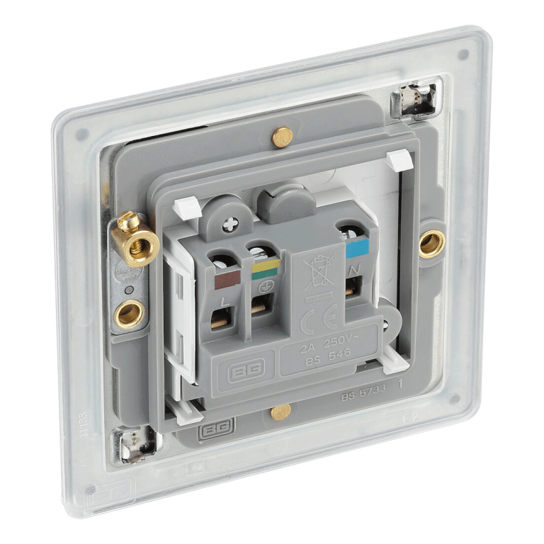 BG Nexus Flatplate Screwless Brushed Steel 2A 1 Gang Unswitched Round-Pin Socket - White Insert FBS28W, Image 3 of 3