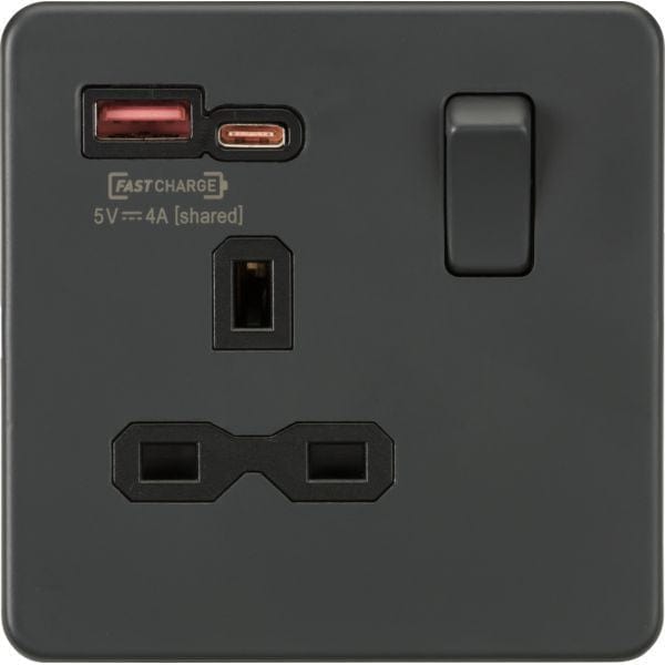 Knightsbridge 13A 1G Switched Socket with dual USB [FASTCHARGE] A+C - Anthracite - SFR9919AT, Image 1 of 1