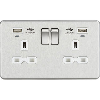 Knightsbridge 13A 2G Switched Socket, Dual USB (2.4A) with LED Charge Indicators - Brushed Chrome w/white insert - SFR9904NBCW