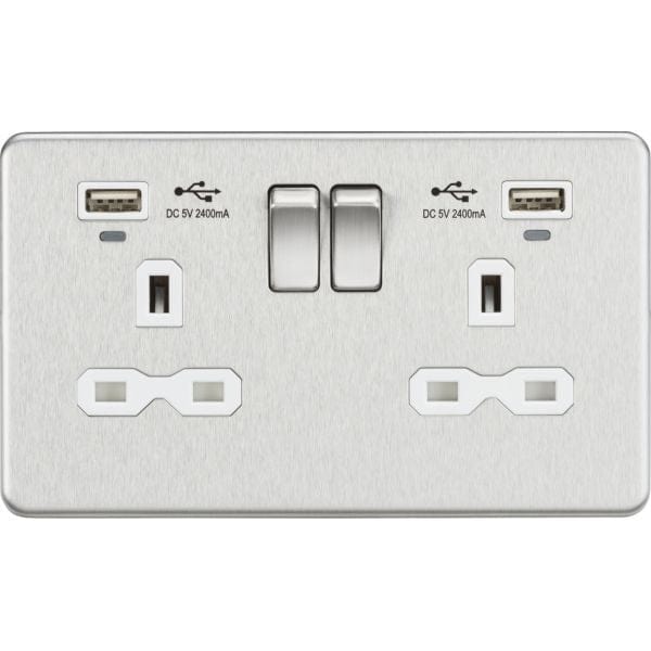 Knightsbridge 13A 2G Switched Socket, Dual USB (2.4A) with LED Charge Indicators - Brushed Chrome w/white insert - SFR9904NBCW, Image 1 of 1